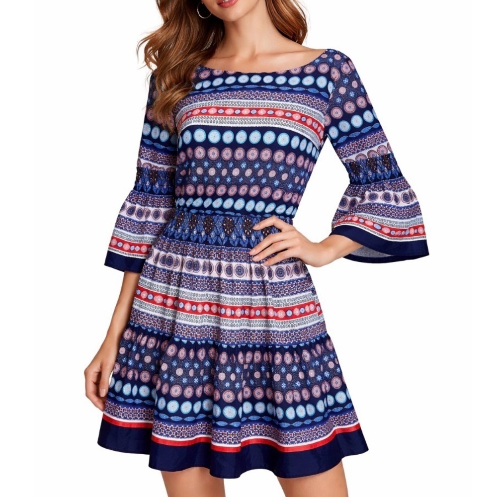 Eliza J Dress Floral Short Bell 3/4 Sleeve V Neck elastic waist short Aztec SZ 4